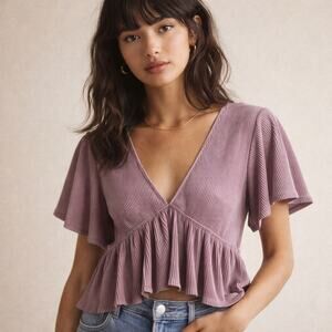 Urban Outfitters Rori Smitten Ribbed Peplum Lavender Flutter Sleeve V-Neck Top
